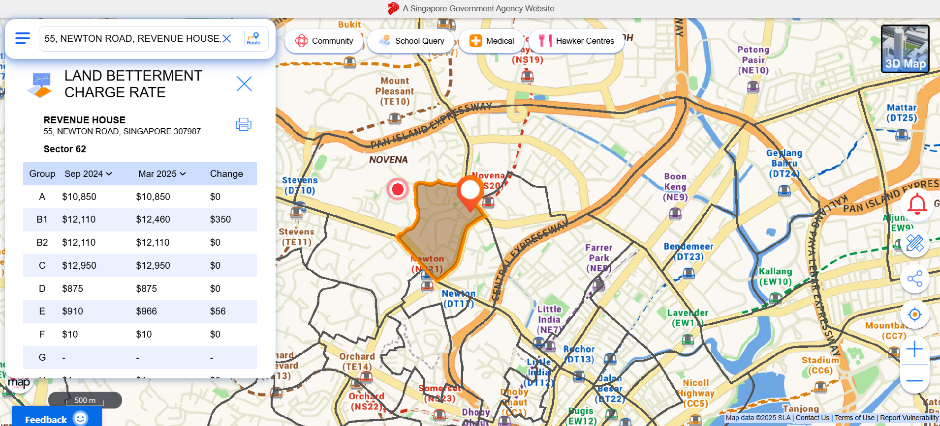 A screenshot of the land betterment charge function on OneMap